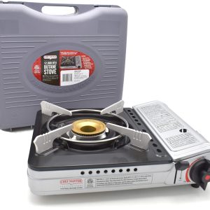 Chef Master 90235 Butane Countertop Stove 12,000 BTU, Professional Quality, Portable, with Carry Case, High Performance, Electronic Ignition, Brass Burner, Double Wind Guard, 1 Burner